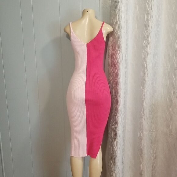 Women's 2023 Bodycon Midi Dress Colorblock Ribbed Knit Dress Pink med nwot - Picture 7 of 11